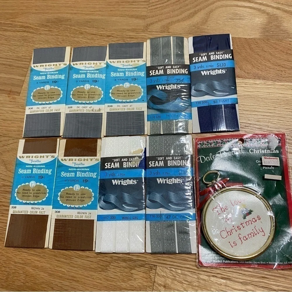 Vintage Sewing Cross Stitch Christmas Kit Bundle NEW Seam Binding Wright’s Brown